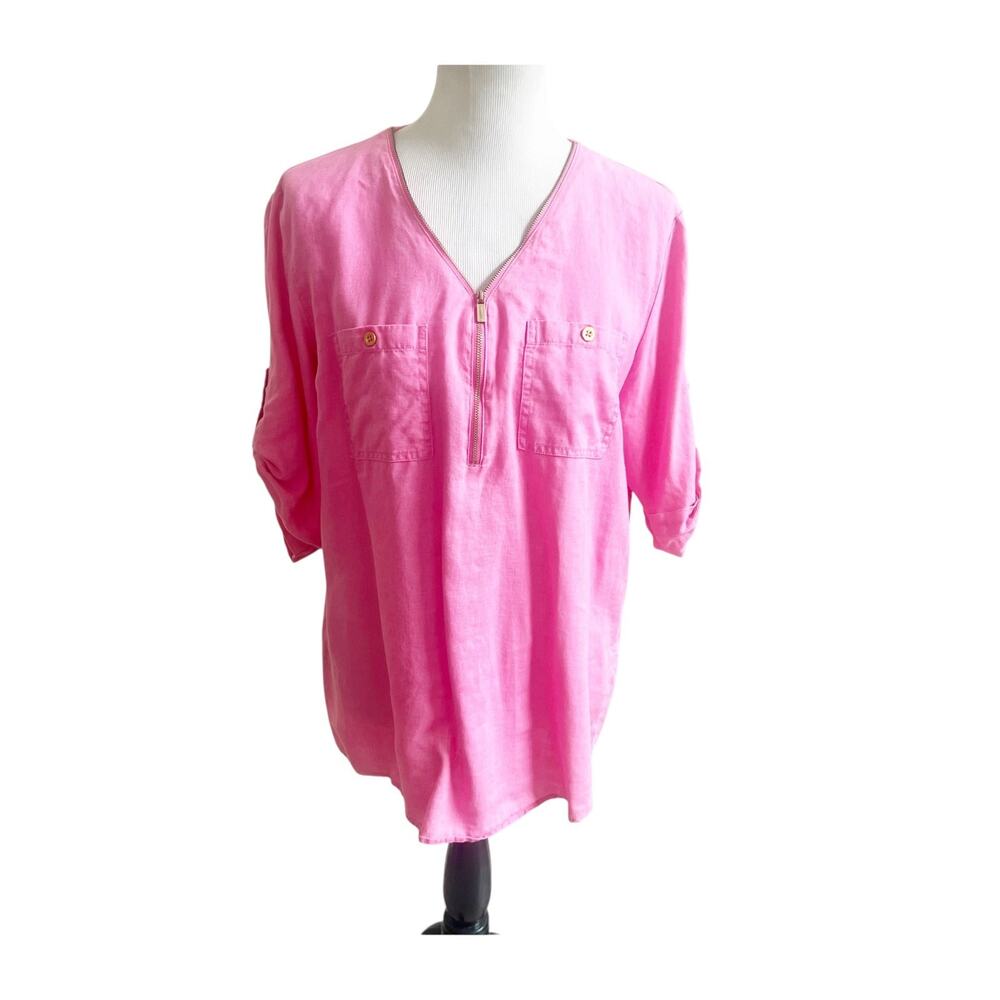 Company by Ellen Tracy Tunic Top Womens L Linen Roll Tab Sleeve Quarter Zip